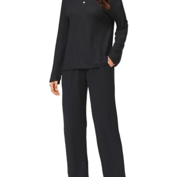 Ribbed Knit Lounge Set Long Sleeve Henley Top & Pants Sleepwear - Picture 2 of 8